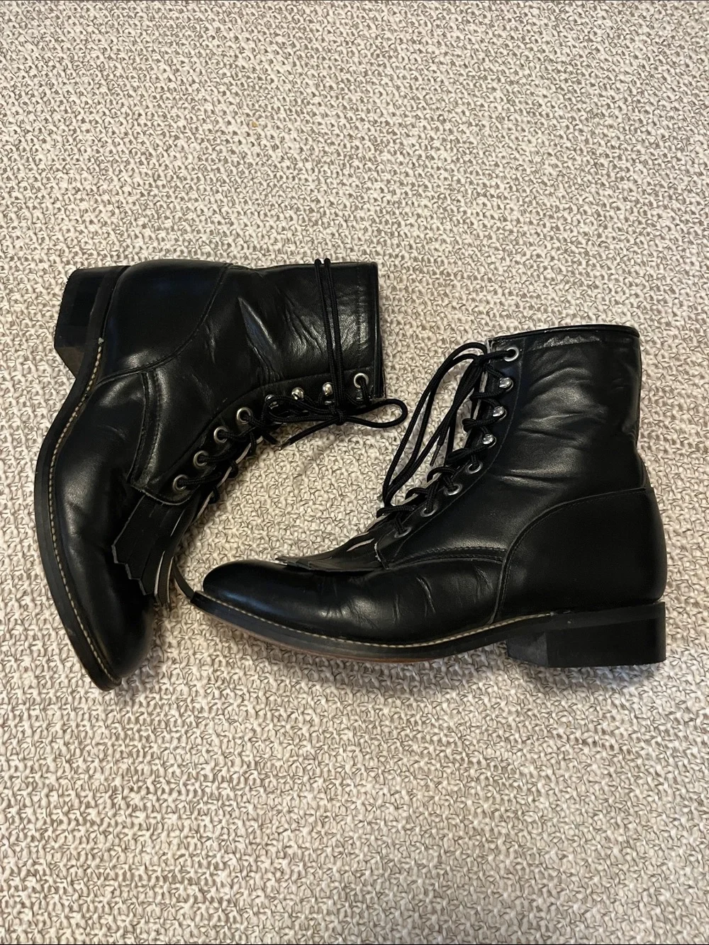 Justin Junior Black Leather Lace-Up Ankle Fringe Roper Boots Sz 4.5